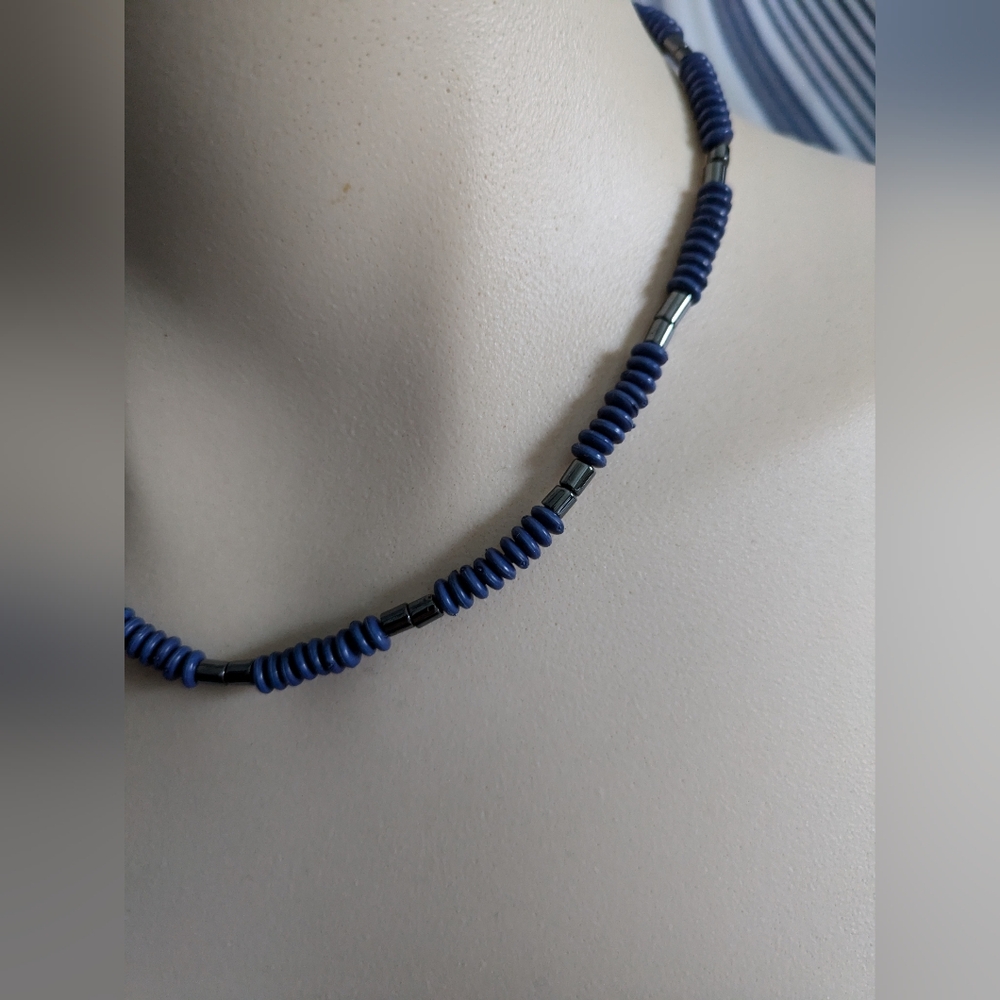 Vintage Blue & Black Beaded Necklace Men Women Unisex Boho Gypsy Coastal Cadual - Picture 2 of 9